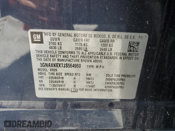 2018 Chevrolet Equinox LT with VIN 3GNAXKEX7JS564960, listed as a Copart auction lot 51712245 with 145,512 mi miles and Salvage Title. Bid and sale history available at DreamBid. Image 13.