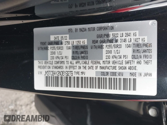 2022 Mazda CX-9 Touring Plus z VIN JM3TCBAY2N0619279, wystawiony jako IAAI lot #42373722 z przebiegiem 43 540 mil mil oraz . Historia ofert i sprzedaży dostępna na DreamBid. Obrazek 9.