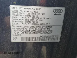 2013 Audi Q7 Premium Plus with VIN WA1LGAFE3DD016008, listed as a Copart auction lot 60279605 with 99,266 mi miles and Salvage title. Bid and sale history available at DreamBid. Image 13.