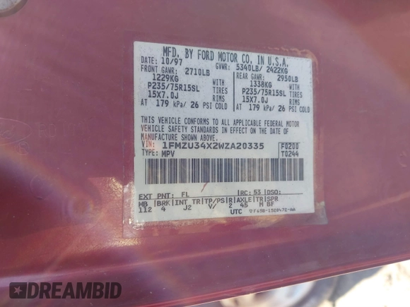 1998 Ford Explorer XL z VIN 1FMZU34X2WZA20335, wystawiony jako IAAI lot #41077333 z przebiegiem 183 565 mil mil oraz . Historia ofert i sprzedaży dostępna na DreamBid. Obrazek 9.
