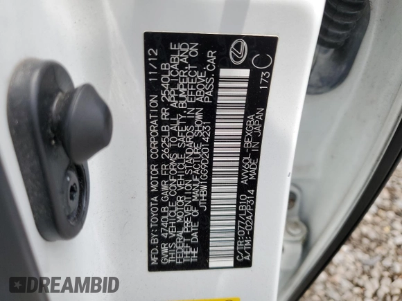 2013 Lexus ES 300h with VIN JTHBW1GG9D2014231, listed as a Copart auction lot 54679625 with 125,784 mi miles and Non repairable. Bid and sale history available at DreamBid. Image 12.