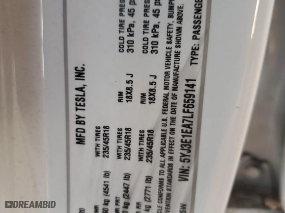 2020 Tesla Model 3 Standard Range Plus with VIN 5YJ3E1EA7LF659141, listed as a Copart auction lot 85329614 with NaN miles and Salvage Title. Bid and sale history available at carsss.com. Image 14.