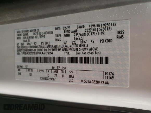 2023 Ford Transit Passenger XL with VIN 1FBAX2C82PKA70924, listed as a Copart auction lot 41698045 with 53,555 mi miles and Clean Title. Bid and sale history available at DreamBid. Image 14.
