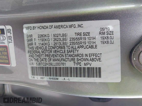 2020 Acura RDX with VIN 5J8TC2H39LL000761, listed as a IAAI auction lot 42221468 with 11,262 mi miles and . Bid and sale history available at DreamBid. Image 9.