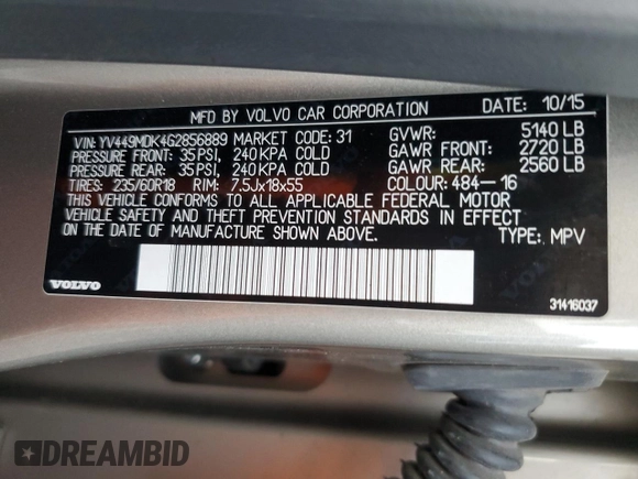2016 Volvo XC60 T6 Drive-E z VIN YV449MDK4G2856889, wystawiony jako Copart lot #83114094 z przebiegiem 126 561 mil mil oraz Szkoda całkowita • Salvage title. Historia ofert i sprzedaży dostępna na DreamBid. Obrazek 14.