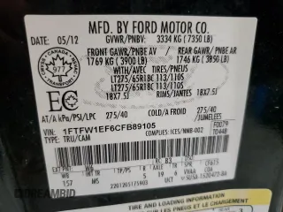 2012 Ford F-150 XL with VIN 1FTFW1EF6CFB89105, listed as a Copart auction lot 58137015 with 170,808 mi miles and Clean title. Bid and sale history available at DreamBid. Image 12.
