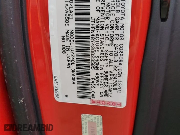 2002 Lexus SC with VIN JTHFN48Y420023585, listed as a Copart auction lot 75037044 with Not Provided miles and Salvage Title. Bid and sale history available at carsss.com. Image 13.
