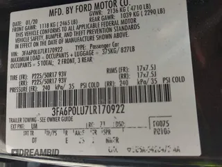 2020 Ford Fusion SE z VIN 3FA6P0LU7LR170922, wystawiony jako IAAI lot #42121025 z przebiegiem 115 799 mil mil oraz . Historia ofert i sprzedaży dostępna na DreamBid. Obrazek 9.