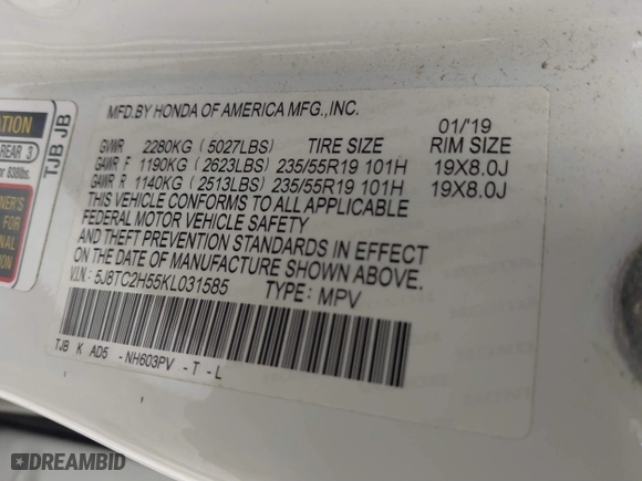 2019 Acura RDX w/Technology Pkg with VIN 5J8TC2H55KL031585, listed as a IAAI auction lot 41758776 with 55,144 mi miles. Bid and sale history available at carsss.com. Image 9.