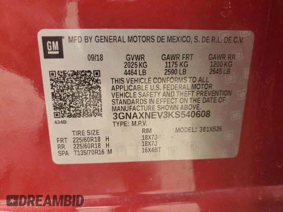 2019 Chevrolet Equinox Premier with VIN 3GNAXNEV3KS540608, listed as a Copart auction lot 55157915 with 6,455 mi miles and Non repairable. Bid and sale history available at DreamBid. Image 14.