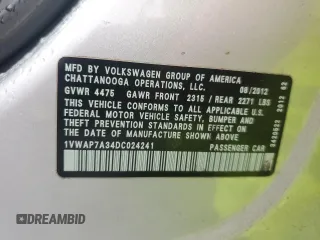 2013 Volkswagen Passat S with VIN 1VWAP7A34DC024241, listed as a Copart auction lot 49854295 with 89,221 mi miles and Salvage title. Bid and sale history available at DreamBid. Image 14.