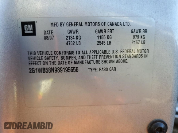 2008 Chevrolet Impala LS with VIN 2G1WB58N989195656, listed as a Copart auction lot 42233925 with 186,117 mi miles and Non Repairable. Bid and sale history available at DreamBid. Image 12.