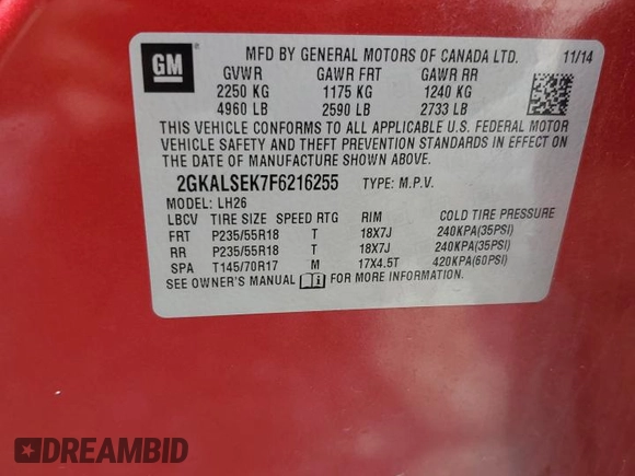 2015 GMC Terrain SLT with VIN 2GKALSEK7F6216255, listed as a Copart auction lot 55131195 with 119,325 mi miles and Clean title. Bid and sale history available at DreamBid. Image 13.
