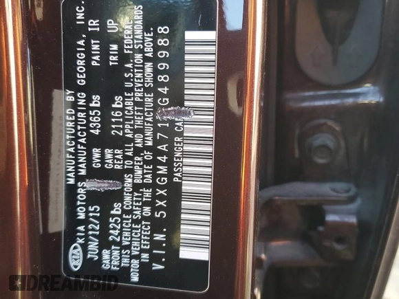 2015 Kia Optima LX with VIN 5XXGM4A71FG489988, listed as a Copart auction lot 45502635 with 140,264 mi miles and Salvage title. Bid and sale history available at DreamBid. Image 12.