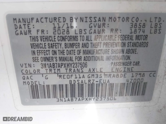 2017 Nissan Sentra SV with VIN 3N1AB7APXHY237506, listed as a IAAI auction lot 41688155 with 82,248 mi miles. Bid and sale history available at carsss.com. Image 9.