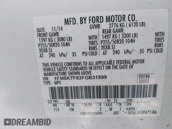 2015 Ford Explorer Limited with VIN 1FM5K7F83FGB31599, listed as a IAAI auction lot 41749019 with Not Provided miles and . Bid and sale history available at carsss.com. Image 9.