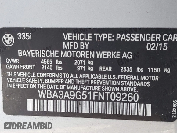 2015 BMW 3 Series 335i z VIN WBA3A9G51FNT09260, wystawiony jako IAAI lot #41603526 z przebiegiem 106 020 mil mil oraz . Historia ofert i sprzedaży dostępna na DreamBid. Obrazek 9.