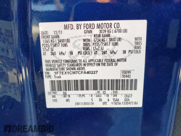 2012 Ford F-150 XL with VIN 1FTEX1CM7CFA40227, listed as a Copart auction lot 53335815 with 150,742 mi miles and Salvage Title. Bid and sale history available at DreamBid. Image 12.