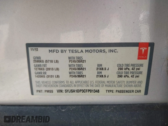 2012 Tesla Model S Performance with VIN 5YJSA1DP3CFP01348, listed as a IAAI auction lot 42185490 with 181,217 mi miles and . Bid and sale history available at DreamBid. Image 9.