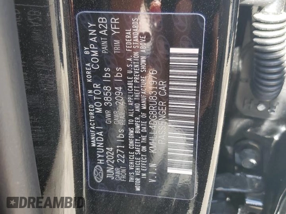 2024 Hyundai Elantra SE with VIN KMHLL4DG8RU831976, listed as a Copart auction lot 57838755 with 6,228 mi miles and Salvage title. Bid and sale history available at DreamBid. Image 12.