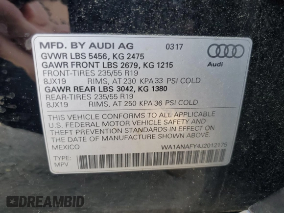 2018 Audi Q5 Premium with VIN WA1ANAFY4J2012175, listed as a Copart auction lot 59550155 with 52,013 mi miles and Salvage title. Bid and sale history available at DreamBid. Image 13.