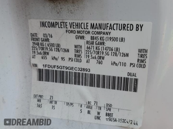 2016 Ford F-550 XL с VIN 1FDUF5GT9GEC32893, выставлен на аукционе Copart как лот 61276675 с пробегом 72 707 миль миль и Списание • Salvage title. История ставок и продаж доступна на DreamBid. Изображение 10.