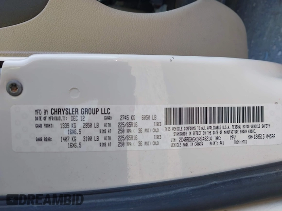 2013 Ram Cargo Van with VIN 2C4RRGAGXDR640214, listed as a IAAI auction lot 41812963 with 262,346 mi miles and . Bid and sale history available at DreamBid. Image 9.