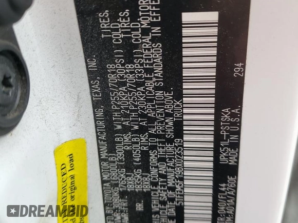 2011 Toyota Tundra with VIN 5TFEM5F19BX023519, listed as a Copart auction lot 58642205 with 157,480 mi miles and Salvage title. Bid and sale history available at DreamBid. Image 12.