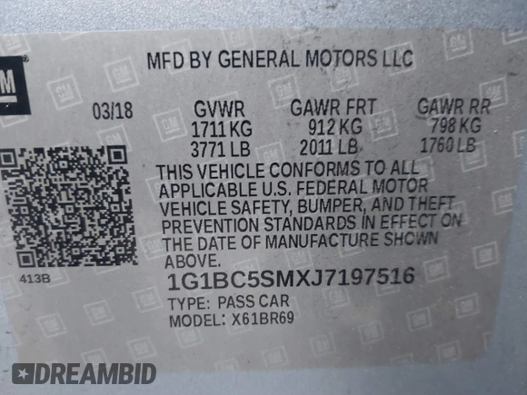 2018 Chevrolet Cruze LS with VIN 1G1BC5SMXJ7197516, listed as a IAAI auction lot 41033980 with 124,058 mi miles and . Bid and sale history available at DreamBid. Image 9.