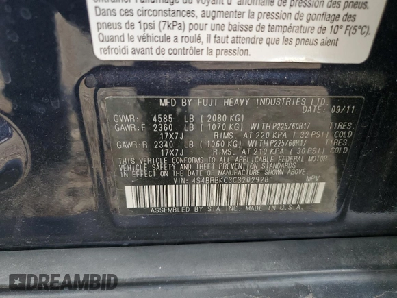 2012 Subaru Outback Limited with VIN 4S4BRBKC3C3202928, listed as a Copart auction lot 60169855 with 130,178 mi miles and Salvage title. Bid and sale history available at DreamBid. Image 13.
