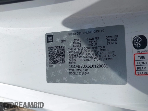 2020 Chevrolet Camaro 1LT with VIN 1G1FB3DX5L0128681, listed as a IAAI auction lot 42239437 with Not provided miles and . Bid and sale history available at DreamBid. Image 9.