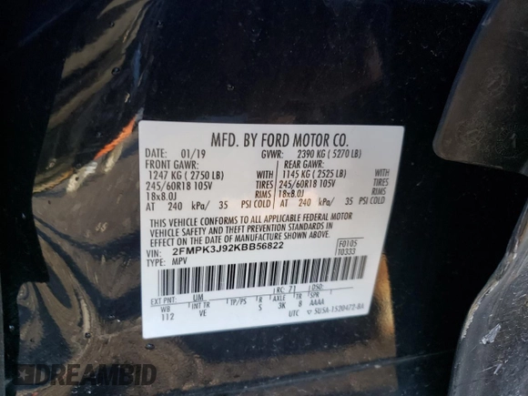 2019 Ford Edge SEL with VIN 2FMPK3J92KBB56822, listed as a Copart auction lot 41460905 with 0 mi miles and Salvage Title. Bid and sale history available at carsss.com. Image 15.