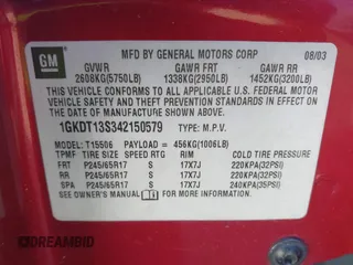 2004 GMC Envoy SLT with VIN 1GKDT13S342150579, listed as a IAAI auction lot 42055124 with 233,090 mi miles and . Bid and sale history available at DreamBid. Image 9.