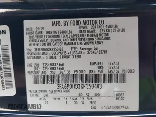 2019 Ford Fusion SE with VIN 3FA6P0HD3KR250483, listed as a IAAI auction lot 41866151 with 115,849 mi miles. Bid and sale history available at carsss.com. Image 9.