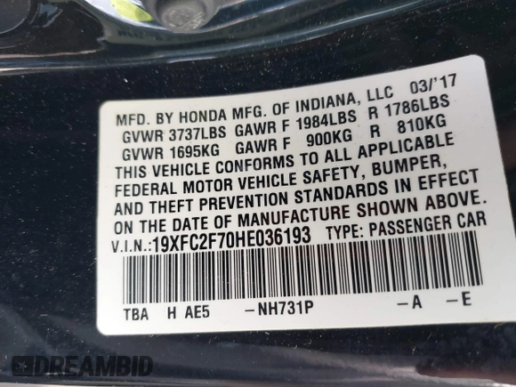 2017 Honda Civic Sedan EX with VIN 19XFC2F70HE036193, listed as a IAAI auction lot 41792742 with 56,957 mi miles. Bid and sale history available at carsss.com. Image 9.