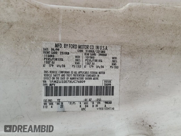 1999 Ford Explorer XLT with VIN 1FMZU32E7XUC76809, listed as a Copart auction lot 45503065 with 276,876 mi miles and Salvage title. Bid and sale history available at DreamBid. Image 15.