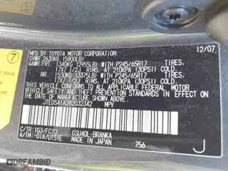 2008 Toyota Highlander with VIN JTEDS41A282032342, listed as a IAAI auction lot 41852773 with 264,510 mi miles. Bid and sale history available at carsss.com. Image 9.