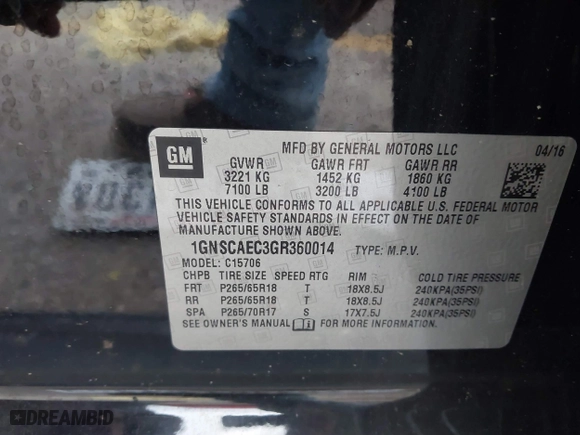 2016 Chevrolet Tahoe LS with VIN 1GNSCAEC3GR360014, listed as a IAAI auction lot 41218354 with 1 mi miles. Bid and sale history available at carsss.com. Image 9.