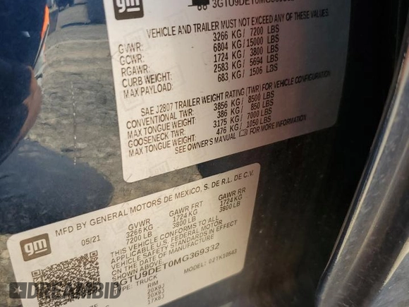 2021 GMC Sierra 1500 SLT z VIN 3GTU9DET0MG369332, wystawiony jako Copart lot #74367934 z przebiegiem 148 095 mil mil oraz Szkoda całkowita • Salvage title. Historia ofert i sprzedaży dostępna na DreamBid. Obrazek 15.
