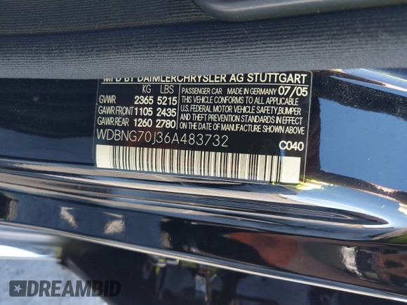 2006 Mercedes-Benz S-Class 4.3L with VIN WDBNG70J36A483732, listed as a IAAI auction lot 40968837 with 87,159 mi miles. Bid and sale history available at carsss.com. Image 9.