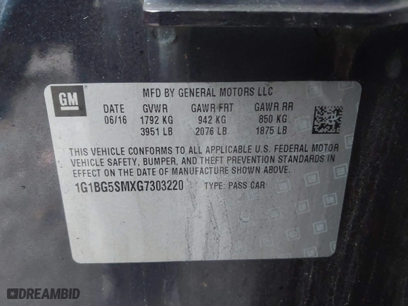 2016 Chevrolet Cruze Premier with VIN 1G1BG5SMXG7303220, listed as a IAAI auction lot 41533633 with 87,768 mi miles. Bid and sale history available at carsss.com. Image 9.