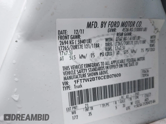 2012 Ford F-250 XL with VIN 1FT7W2BT6CEB07609, listed as a IAAI auction lot 42264092 with 226,511 mi miles and . Bid and sale history available at DreamBid. Image 9.
