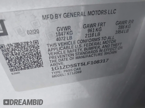2020 Chevrolet Malibu LT with VIN 1G1ZD5ST5LF108317, listed as a IAAI auction lot 41754494 with 58,000 mi miles and . Bid and sale history available at DreamBid. Image 9.