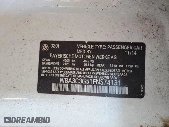 2015 BMW 3 Series 320i xDrive z VIN WBA3C3G51FNS74131, wystawiony jako Copart lot #56009775 z przebiegiem 155 617 mil mil oraz Szkoda całkowita • Salvage title. Historia ofert i sprzedaży dostępna na DreamBid. Obrazek 12.