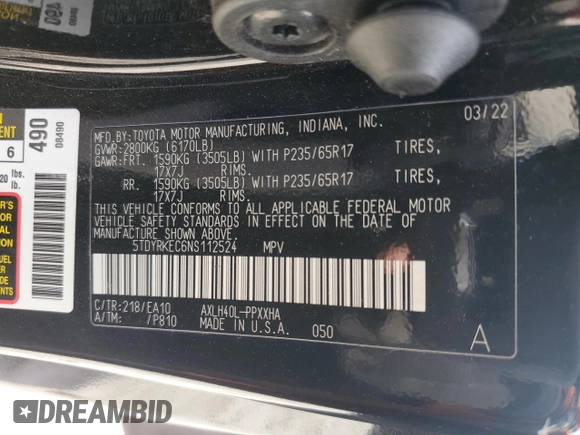 2022 Toyota Sienna XLE с VIN 5TDYRKEC6NS112524, выставлен на аукционе Copart как лот 59912095 с пробегом Не указан миль и Списание • Salvage title. История ставок и продаж доступна на DreamBid. Изображение 14.