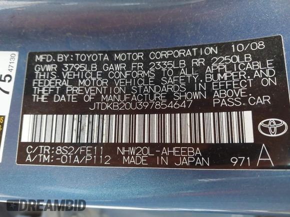 2009 Toyota Prius with VIN JTDKB20U397854647, listed as a IAAI auction lot 42141120 with 266,124 mi miles. Bid and sale history available at carsss.com. Image 9.