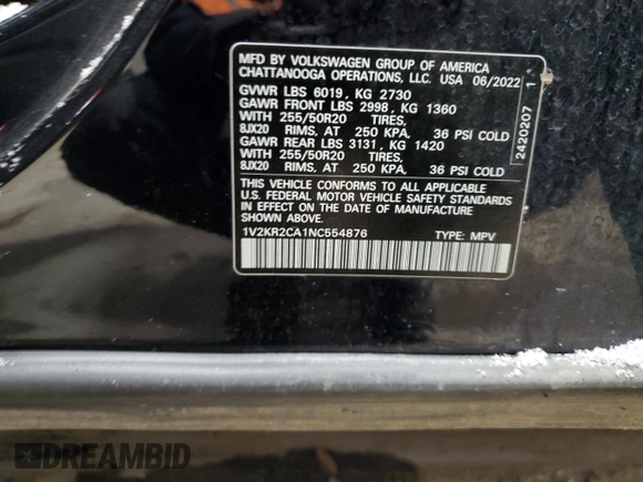 2022 Volkswagen Atlas 3.6L V6 SE w/Technology with VIN 1V2KR2CA1NC554876, listed as a Copart auction lot 44112265 with 46,958 mi miles and Salvage Title. Bid and sale history available at carsss.com. Image 13.