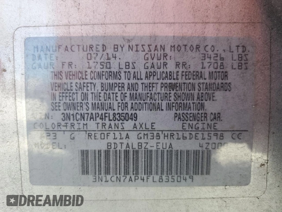 2015 Nissan Versa SV z VIN 3N1CN7AP4FL835049, wystawiony jako Copart lot #56591975 z przebiegiem 153 724 mil mil oraz Szkoda całkowita • Salvage title. Historia ofert i sprzedaży dostępna na DreamBid. Obrazek 12.