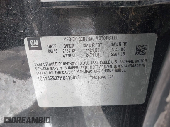 2017 Chevrolet Impala Premier with VIN 1G1145S33HU116013, listed as a IAAI auction lot 42157738 with 153,198 mi miles and . Bid and sale history available at DreamBid. Image 9.
