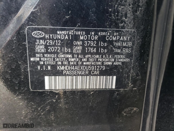2013 Hyundai Elantra GLS PZEV with VIN KMHDH4AEXDU591279, listed as a Copart auction lot 49437925 with 182,552 mi miles and Salvage Title. Bid and sale history available at carsss.com. Image 13.